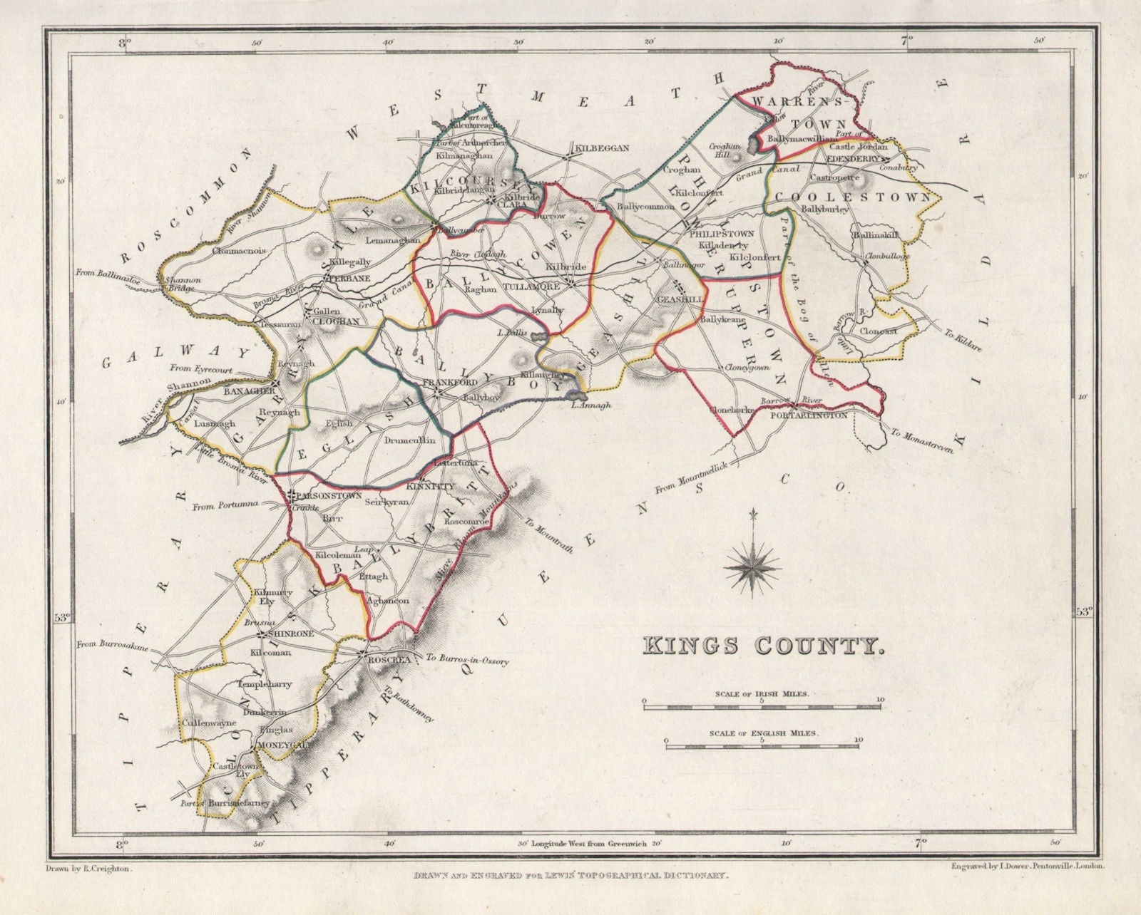 KINGS COUNTY (OFFALY) antique map for LEWIS. CREIGHTON & DOWER. Ireland 1846